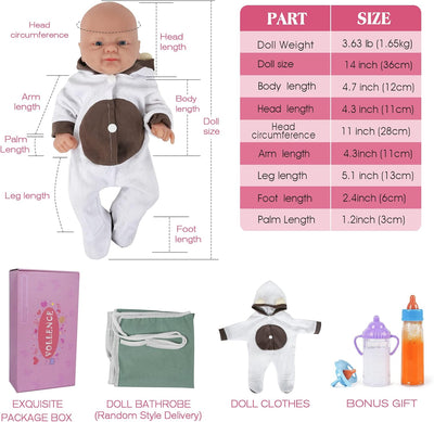 Vollence 36 cm Ganzkörper Silikon Reborn Babypuppe Mädchen,Vollsilikon Babypuppes, Nicht Vinyl Puppe