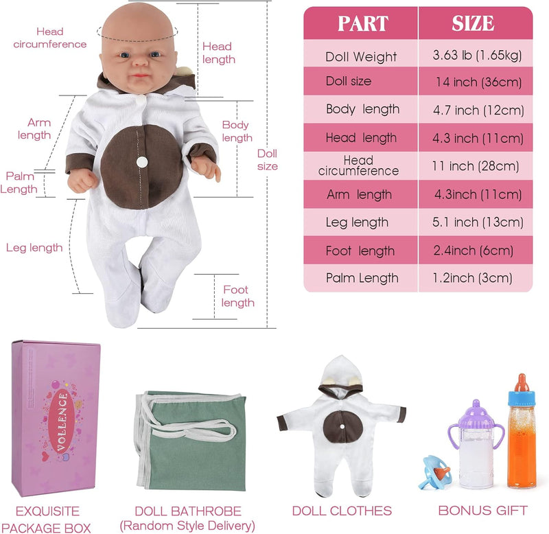 Vollence 36 cm Ganzkörper Silikon Reborn Babypuppe Mädchen,Vollsilikon Babypuppes, Nicht Vinyl Puppe