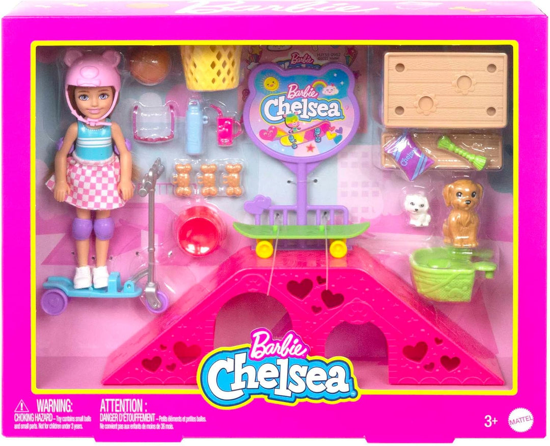 Barbie Chelsea Serie, Chelsea mit braunen Haaren, Roller, Skateboard, Skaterrampe, Hund, Zubehör, 1x