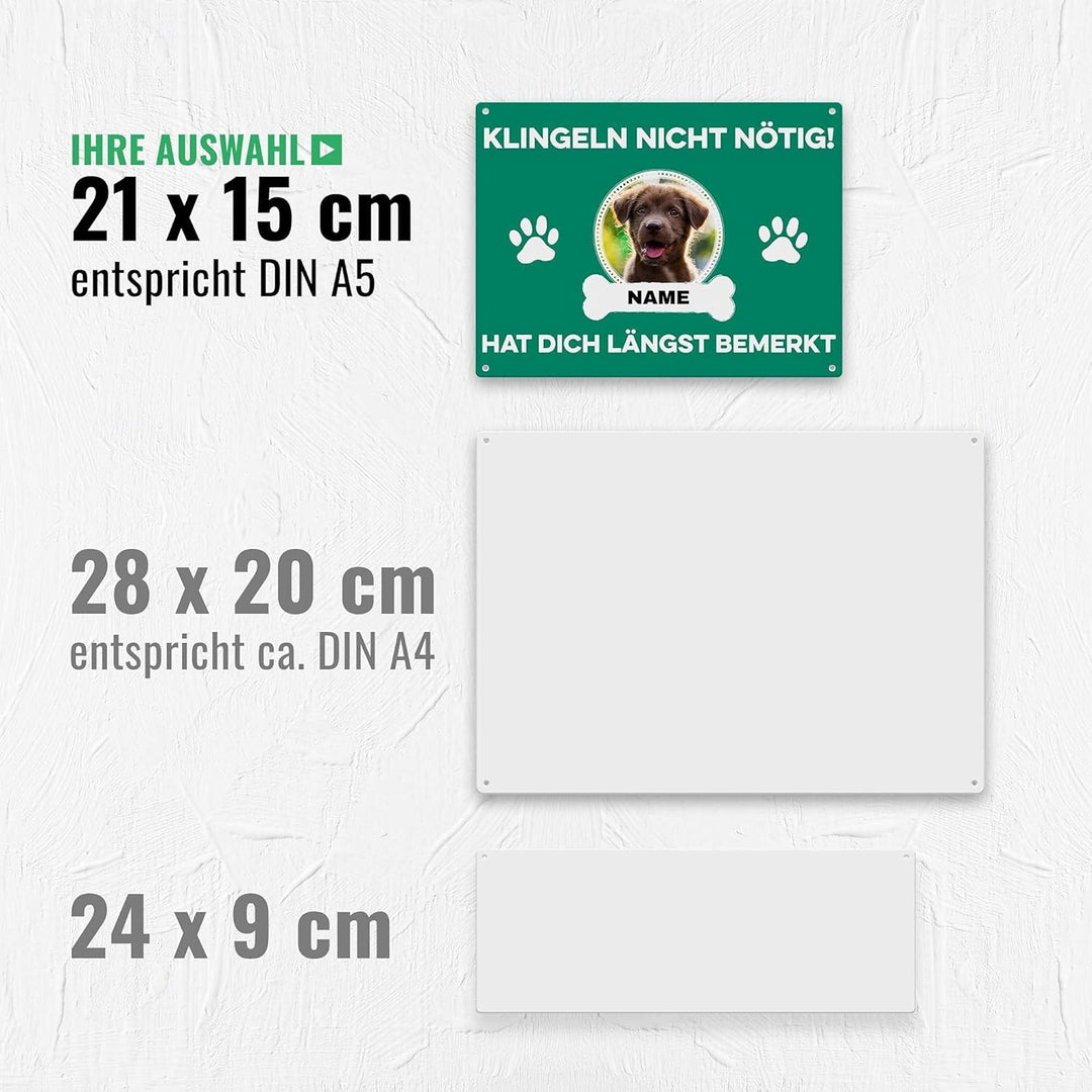 Hunde Schild personalisiert - Klingeln nicht nötig - Metallschild mit Foto und Name für aussen, wett