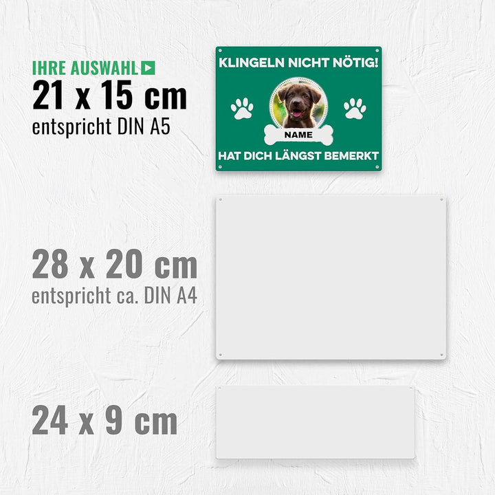 Hunde Schild personalisiert - Klingeln nicht nötig - Metallschild mit Foto und Name für aussen, wett