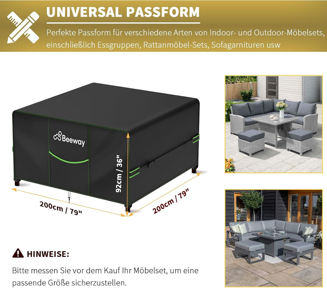 BEEWAY Gartenmöbel Abdeckung Wasserdicht V2.0 200x200x92cm, Schutzhülle Abdeckplane für Gartentische