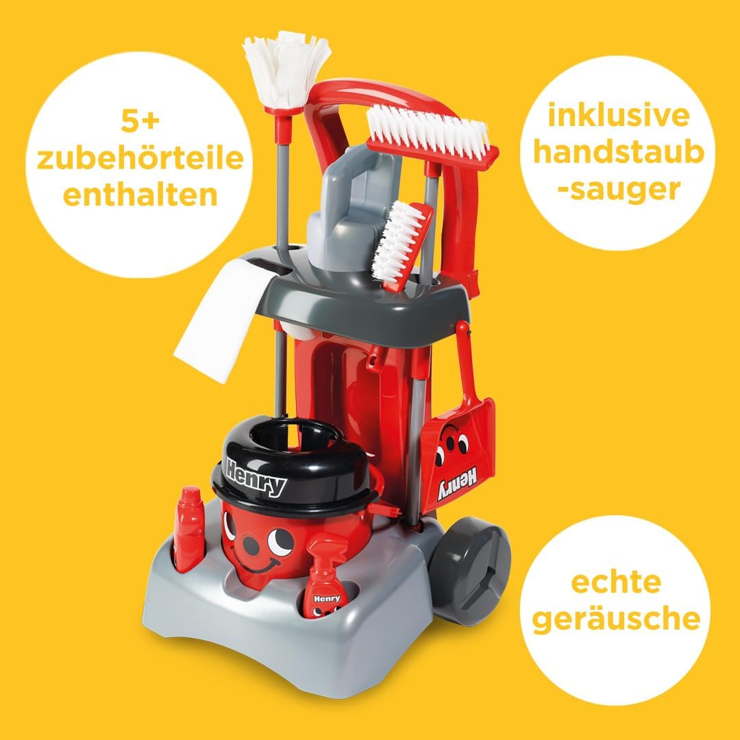 Casdon Henry & Hetty Spielzeug. Henry Deluxe Putzwagen. Rotes Spielset im Henry Design mit funktioni