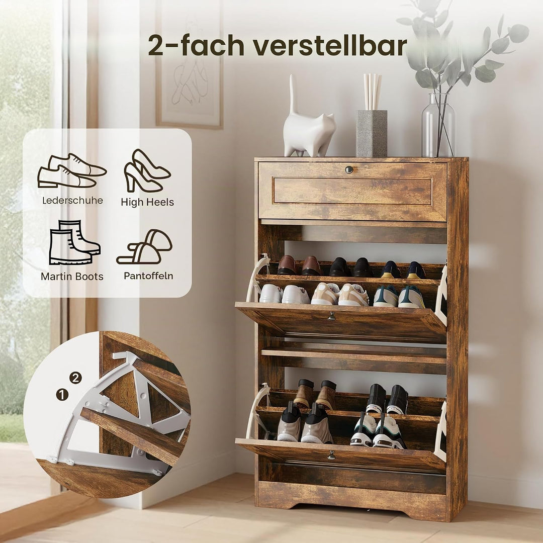 Xbro Schuhschrank mit Schublade und 2 Klappen, Schuhkipper Schmal, Schuhregal für 10–12 Paar Schuhe,