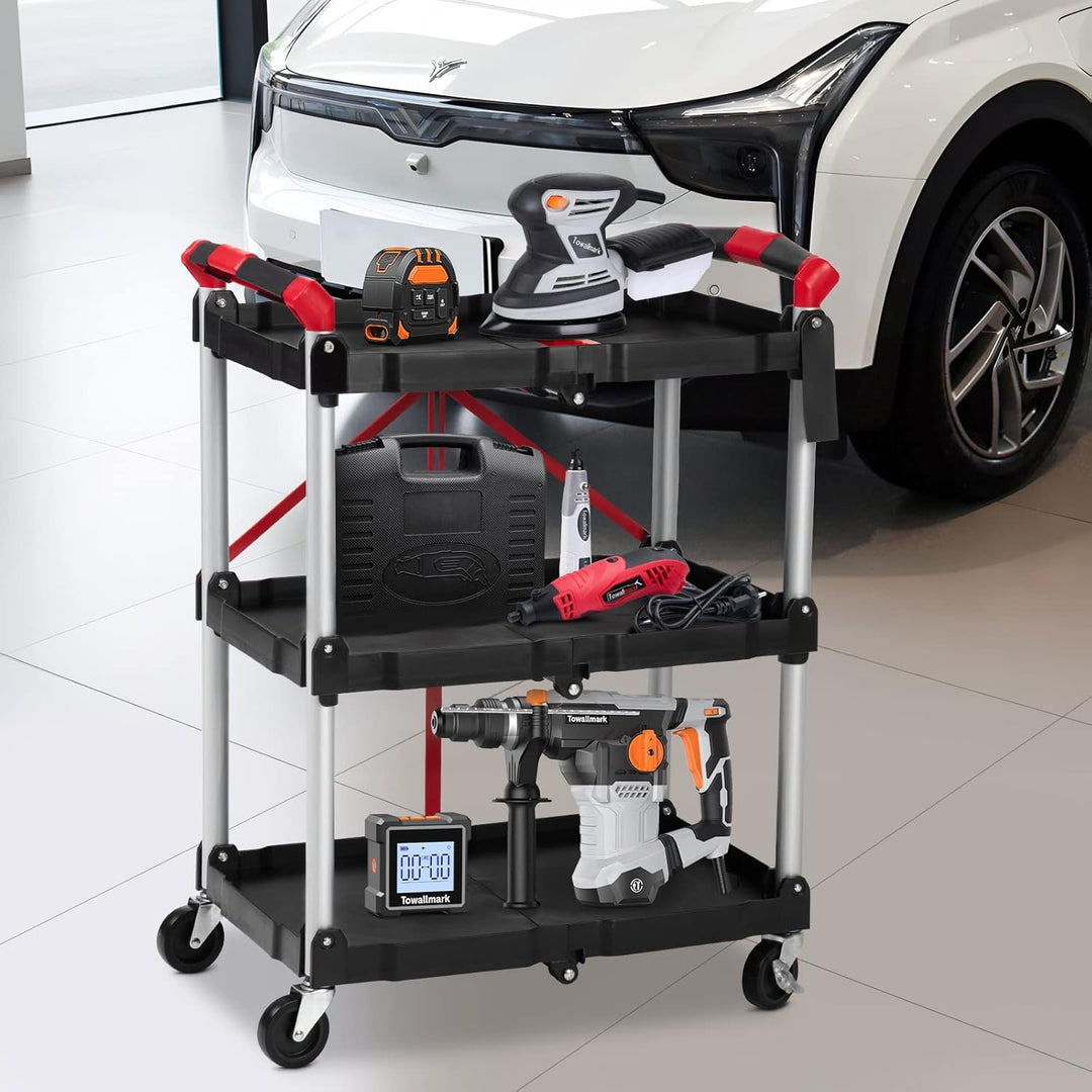 Towallmark Servierwagen klappbar, 3-stufiger tragbarer Wagen/Detaillierung Wagen/Putzwagen mit 2 fes