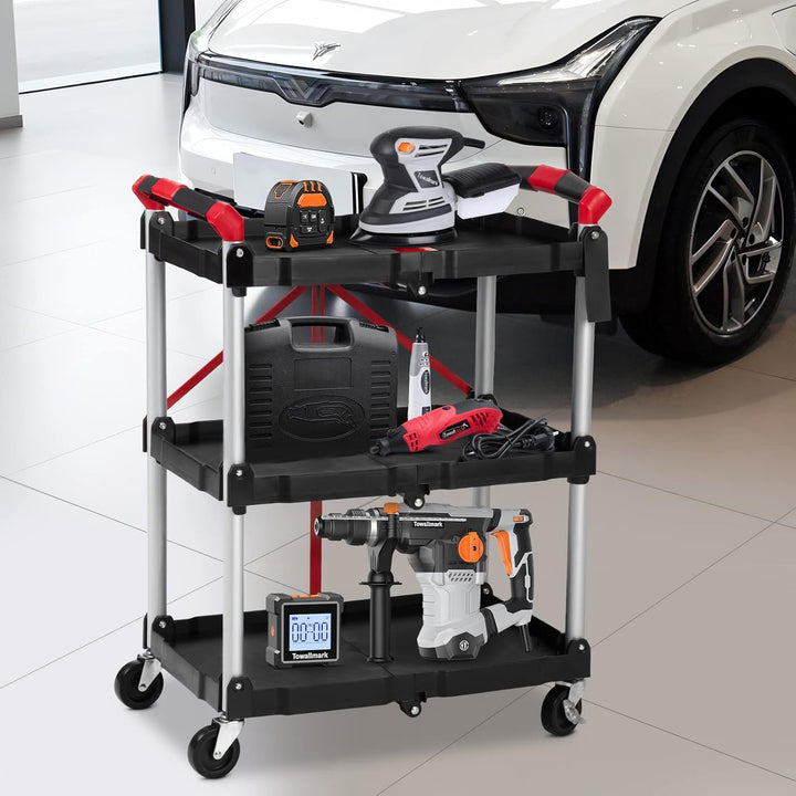 Towallmark Servierwagen klappbar, 3-stufiger tragbarer Wagen/Detaillierung Wagen/Putzwagen mit 2 fes