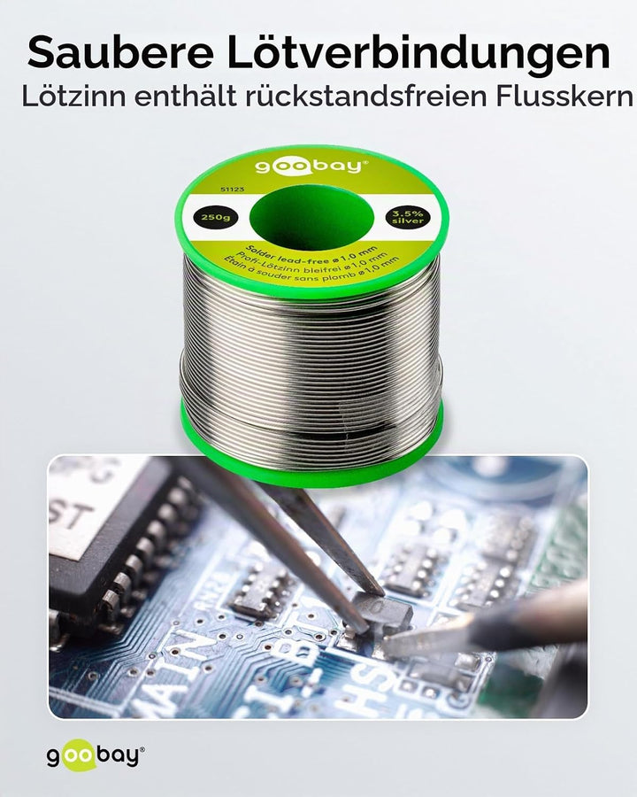 Goobay 51123 Lötzinn bleifrei ø 1mm Lötdraht mit Flussmittel, 3.5 % Silber &amp; 0.7 % Kupfer, 217 °C Sc