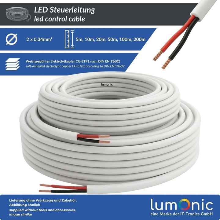 Lumonic 2x 0,34mm² LED Steuerleitung weiss 10m I ummanteltes 2 adriges Kabel flexibel I Geschirmtes