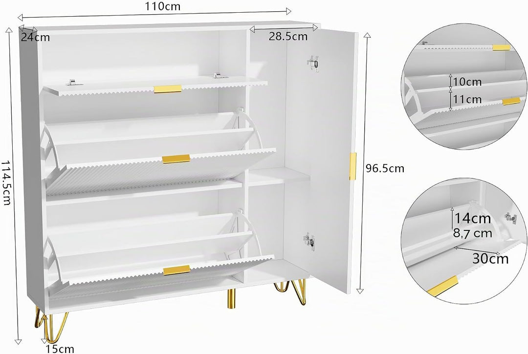 2er Set Schuhschrank mit 2 Klappen und 2 Türen, Weiss Schuhregal Schuhkipper Schmal, Anti-Kipp-Vorri
