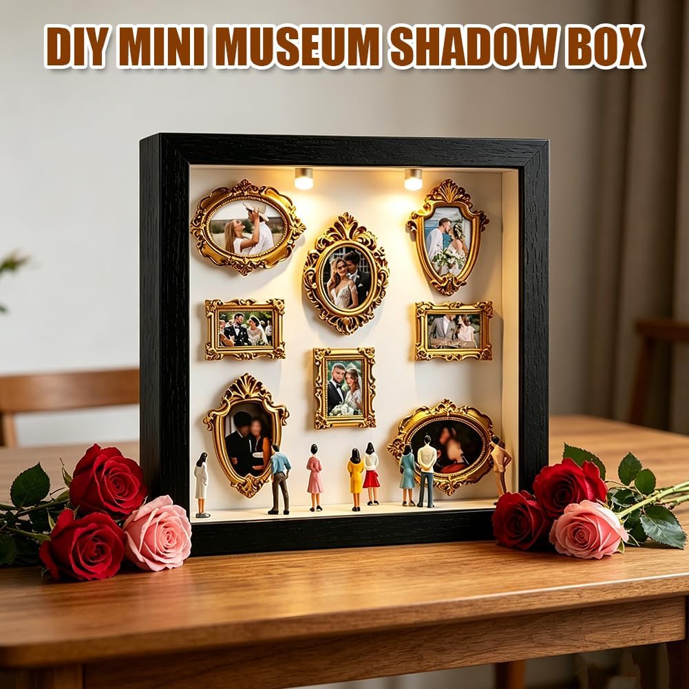 DIY Mini Museum Shadow Box mit LED Licht - Mini Bilderrahmen Vintage Set mit 8 Gold Rahmen & 8 Figur