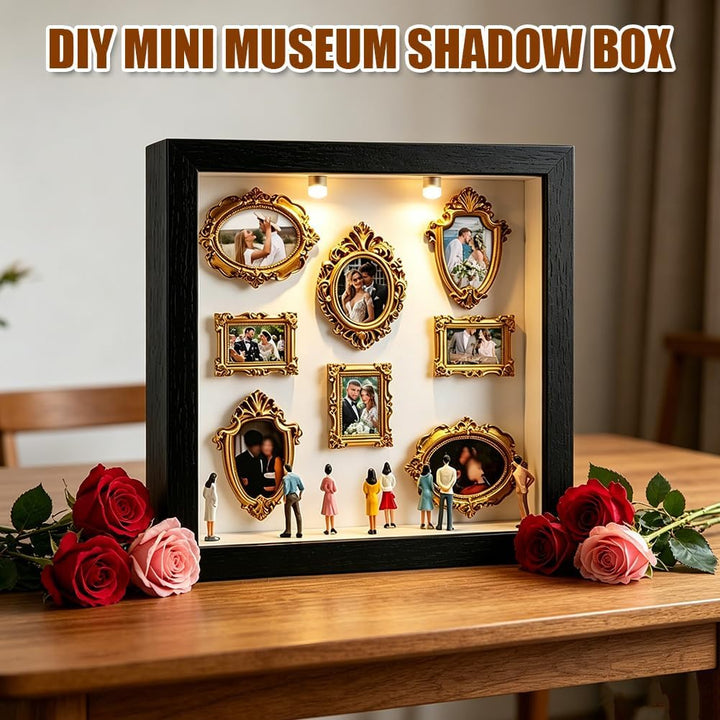 DIY Mini Museum Shadow Box mit LED Licht - Mini Bilderrahmen Vintage Set mit 8 Gold Rahmen & 8 Figur