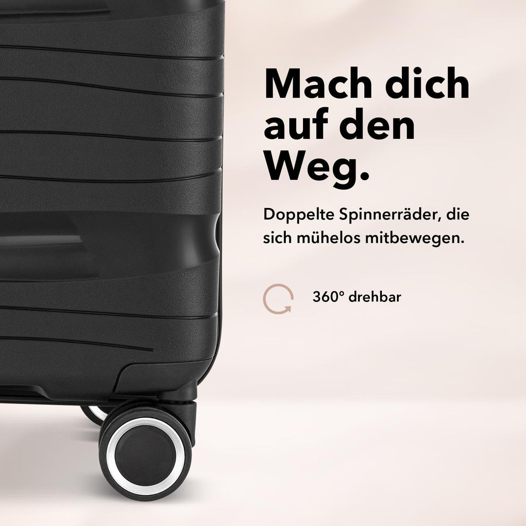 Travel One Handgepäck Koffer 40L – Schwarz – Kabinentrolley mit 4 Rollen, Zahlenschloss &amp; Gratis Tas