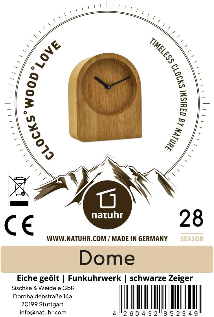 Natuhr Tischuhr Eiche Holzuhr - Dome - puristisch modern Massivholz (Eiche geölt, Schwarze Zeiger -