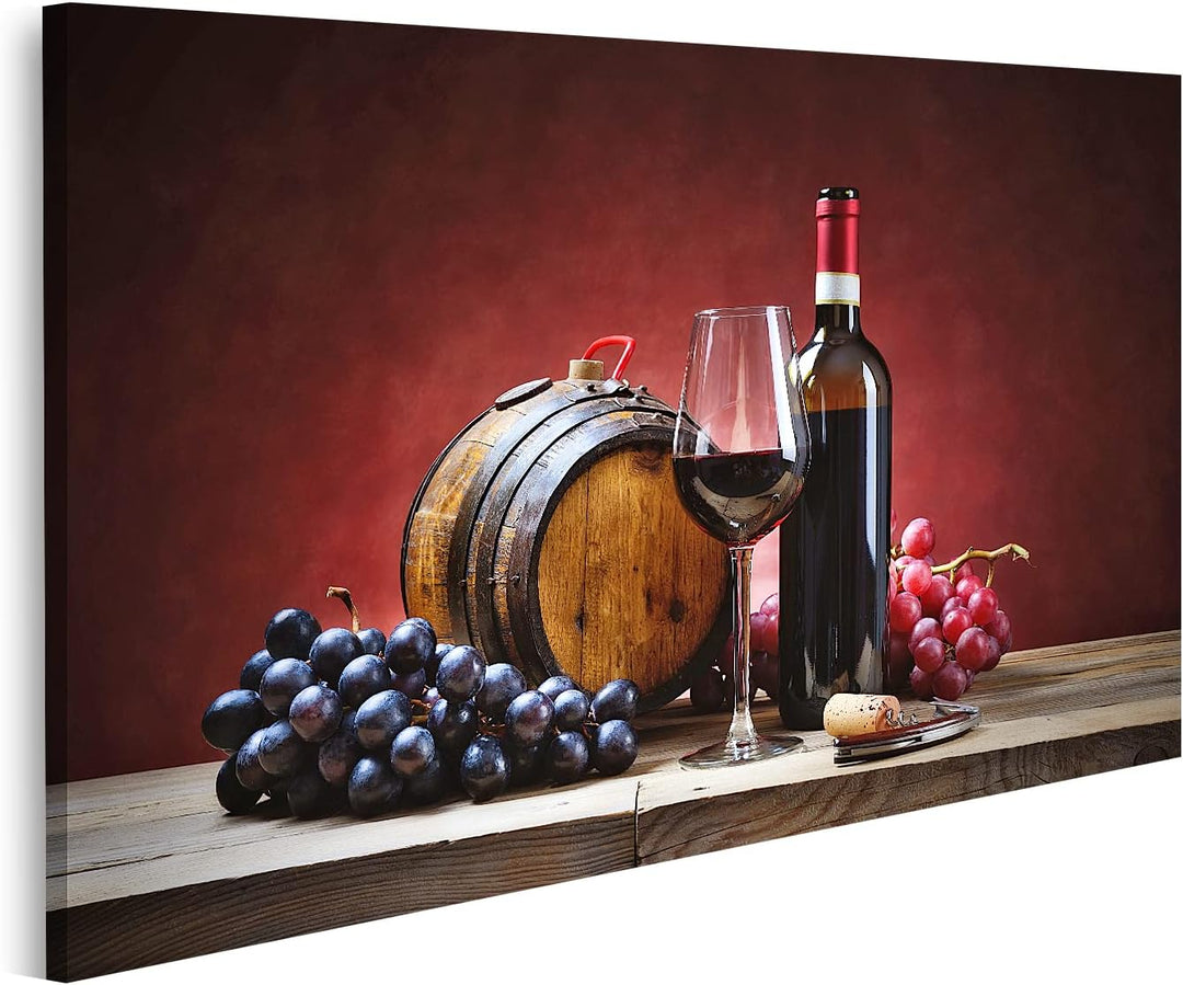islandburner Bild auf Leinwand Rotwein Glas Trauben Flasche Kleines Fass Bilder Wandbilder Poster Le