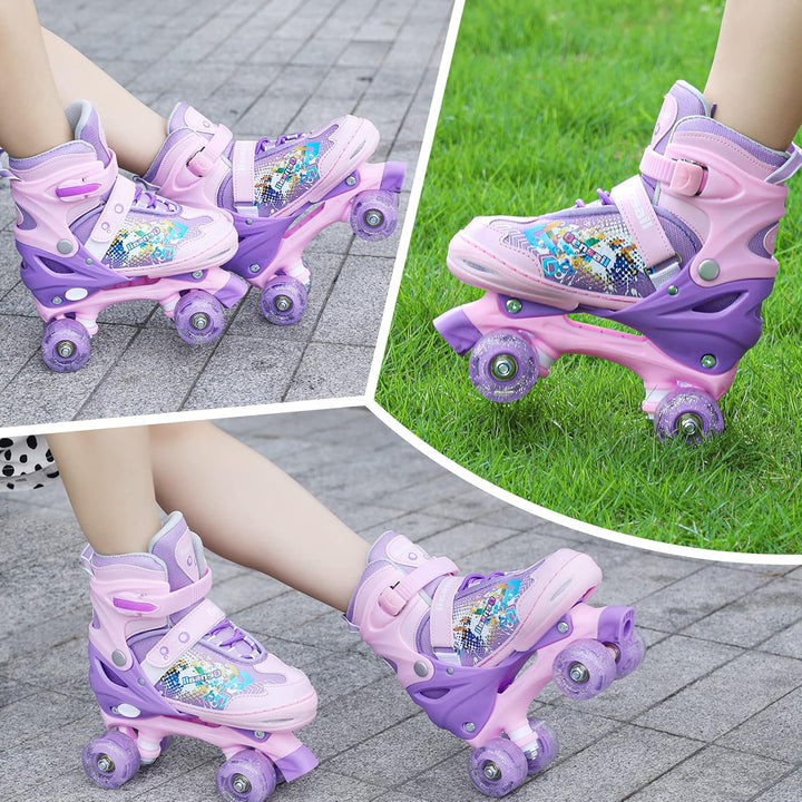 Runcinds Kinder Rollschuhe für Mädchen, Frauen, 4 Grössen verstellbar mit leuchtenden Rädern, Kleink