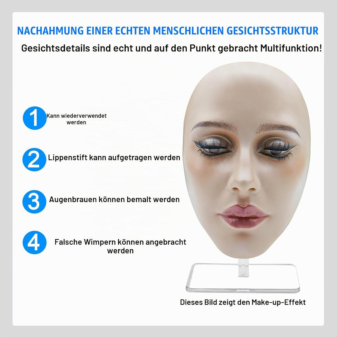 TOATELU Silikon Make-up-Übungsgesicht: Wiederverwendbare Übungskopf mit Ständer, Wimpernverlängerung