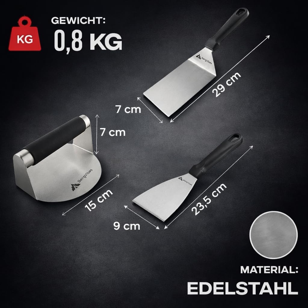 Smash Burger Set 6 TLG. aus Edelstahl für Plancha, 2 Burgerglocken, Burgerpresse, Smasher, Pattywend