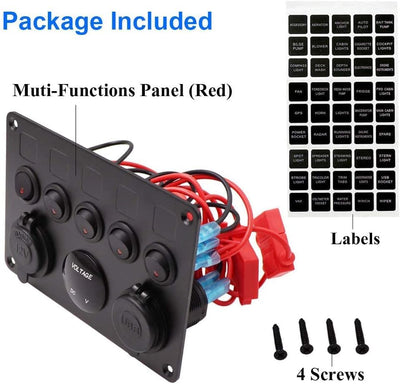 Geloo 5 Gang Schalter Panel, 12V/24V Kippschalter Panel IP65 Wasserdichte LED Voltmeter Dual USB Buc