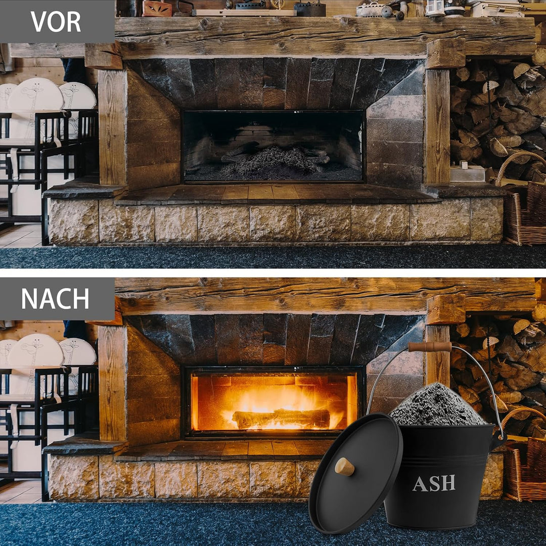 Ascheeimer mit Deckel 5 Liter, Reinigungsbürste, Schaufel,Zubehör für Kamine, Feuerstellen und Holzh