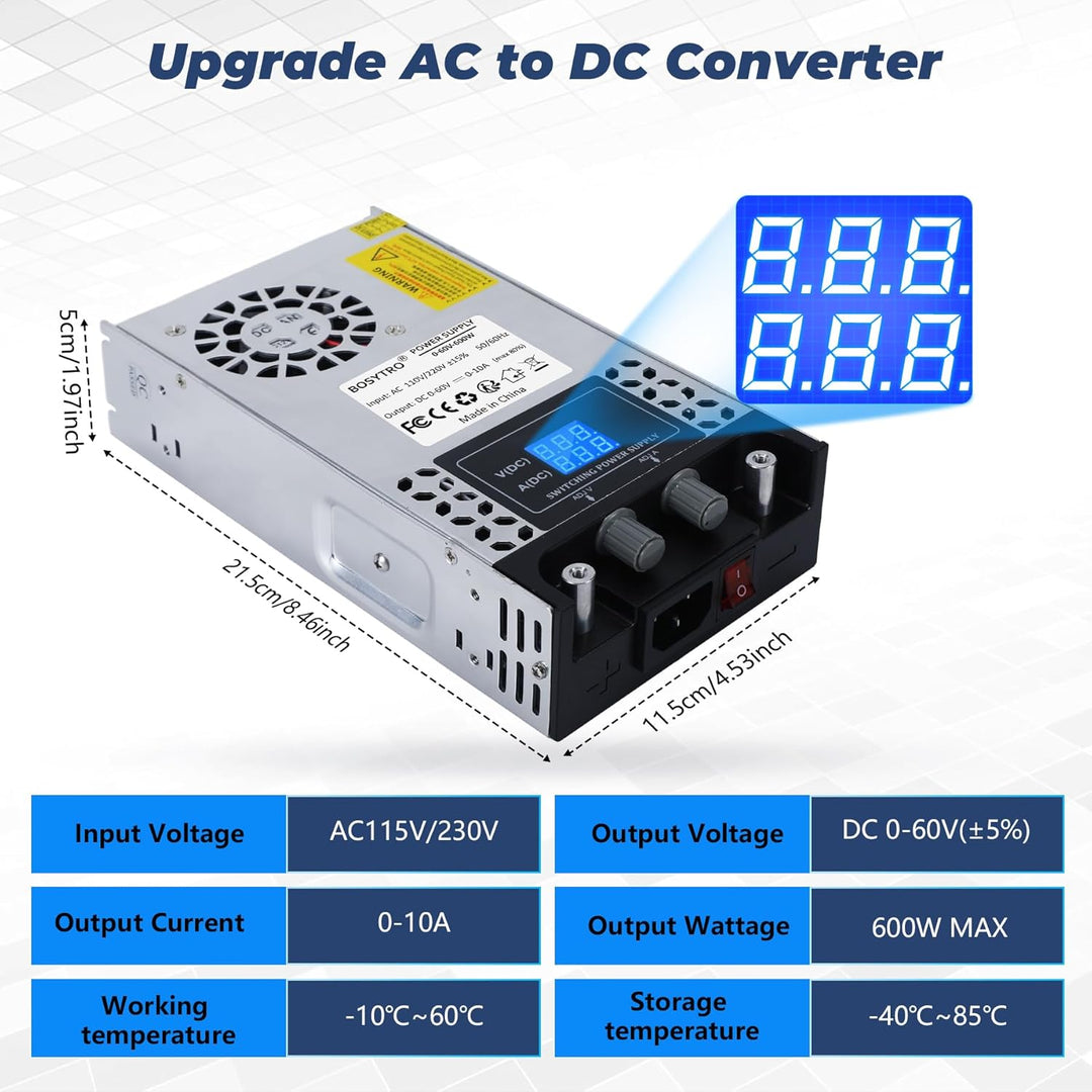 BOSYTRO Regelbares Netzteil 0-60V 0-10A 600W Schaltnetzteil Transformator Power Supply Trafo 230v au