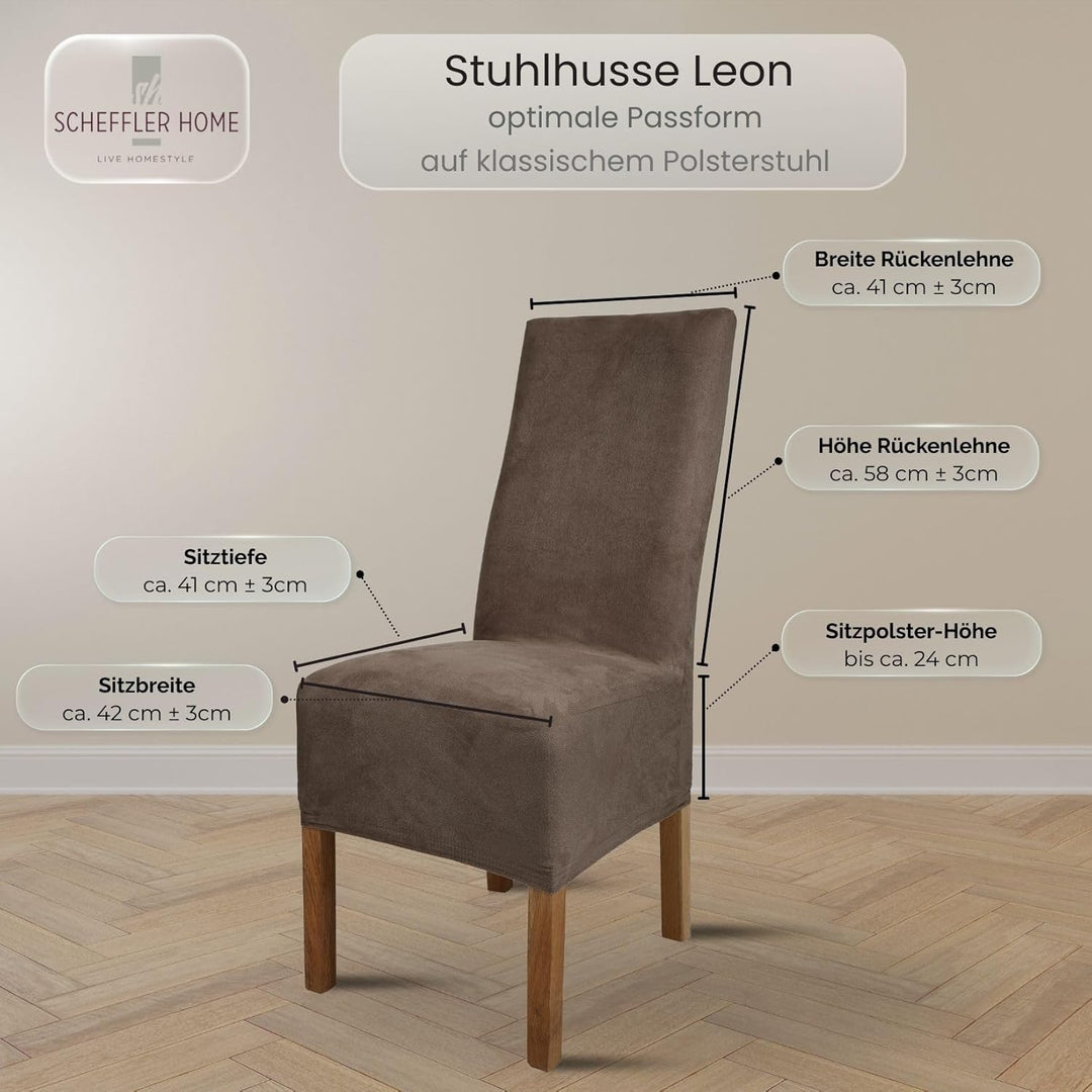 SCHEFFLER-Home Stuhlhussen 6er Set Leon Taupe-Braun/elastische Wildleder Hussen für Stühle/Robustes