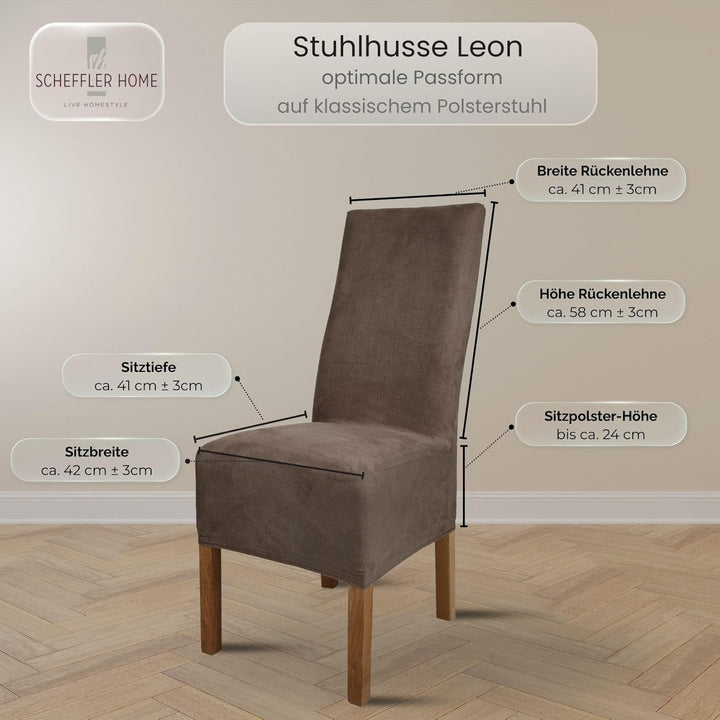 SCHEFFLER-Home Stuhlhussen 6er Set Leon Taupe-Braun/elastische Wildleder Hussen für Stühle/Robustes