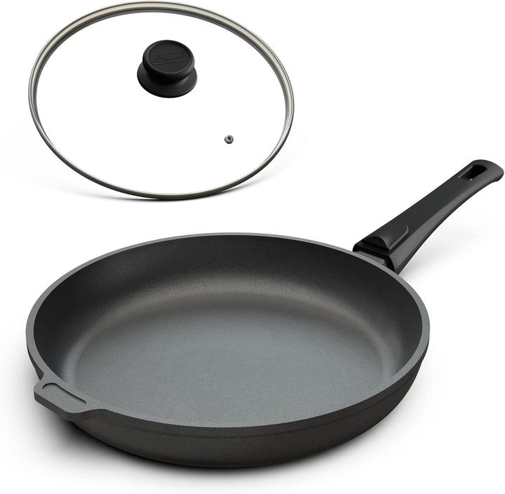 Hoffmann Aluguss Bratpfanne 28 cm Induktion mit Deckel 4,5 cm Innenhöhe I Made in Germany I Hoher Ra