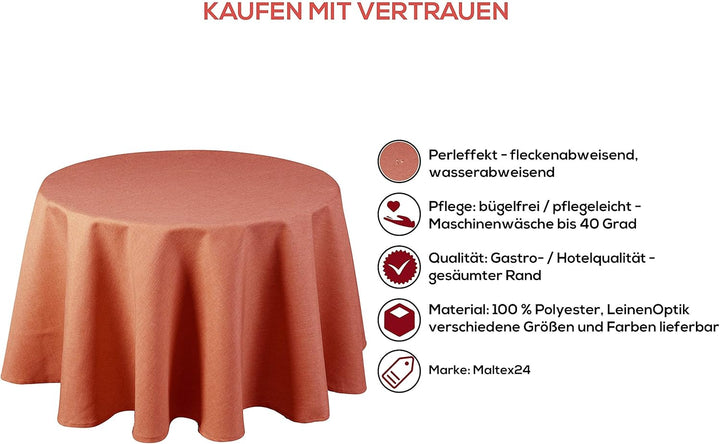 Textil Tischdecke - Leinen Optik - wasserabweisend Rund (Terrakotta, 140 cm) Terrakotta 140 cm, Terr
