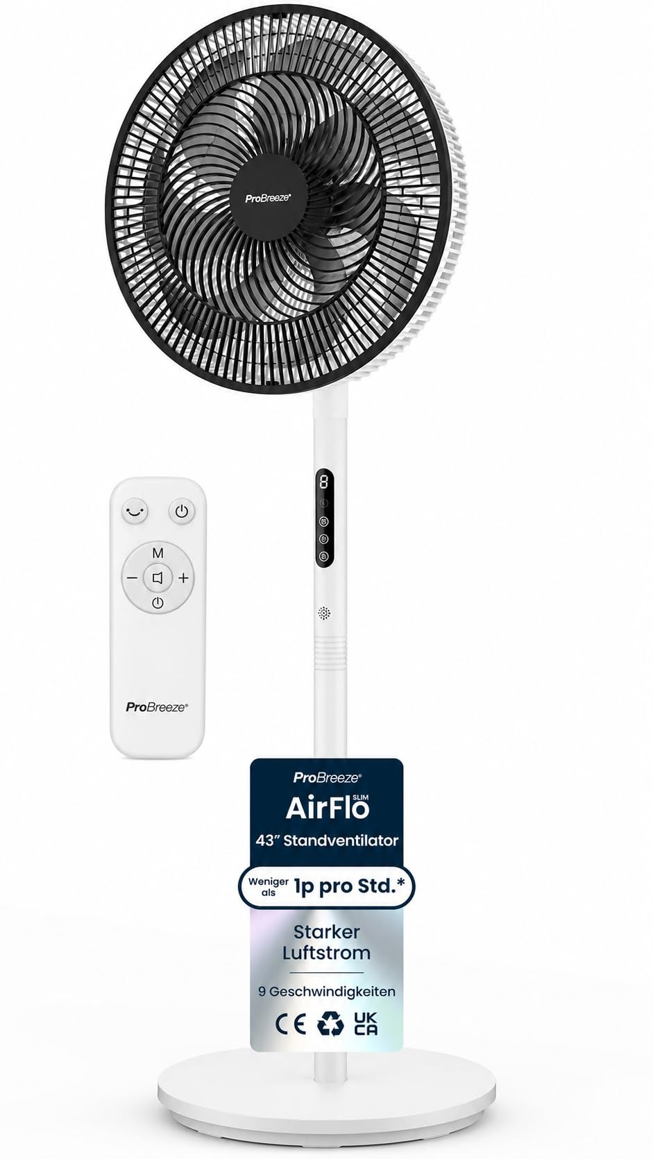 Pro Breeze AirFlo Slim Standventilator – 3-in-1: 70 | 100 | 130 cm | 9 Stufen bis 5,0 m/s | Leise 3