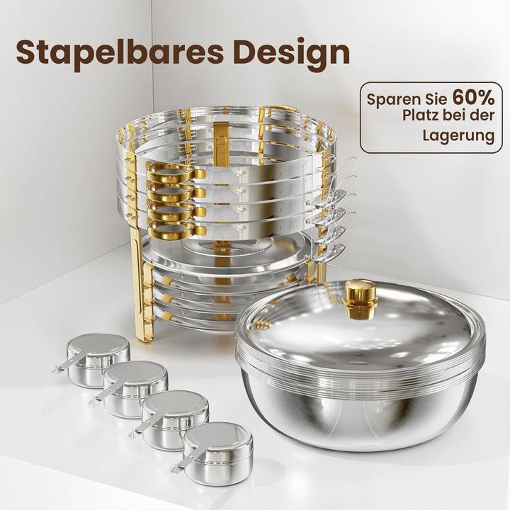 WARMOUNTS Chafing Dish 4er Set 7,5L, Speisenwärmer Buffet Rund Edelstahl mit Gold-Akzenten & Deckelh