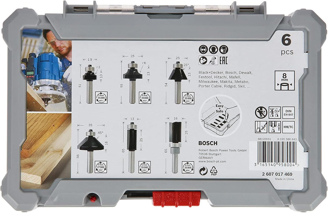 Bosch Professional 6tlg. Rand- und Kantenfräser Set (für Holz, Zubehör Oberfräsen mit 8 mm Schaft) 6