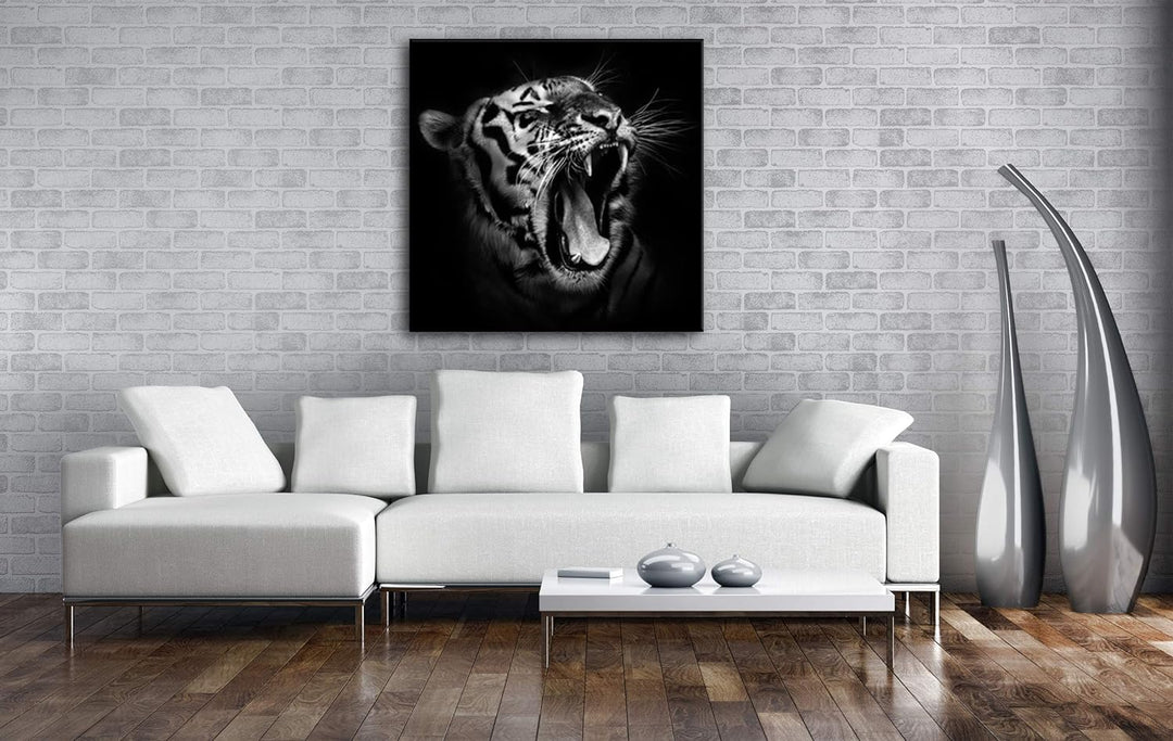 deyoli Dark brüllender Tiger Format: 70x70 Effekt: Schwarz&Weiss als Leinwandbild, Motiv auf Echthol