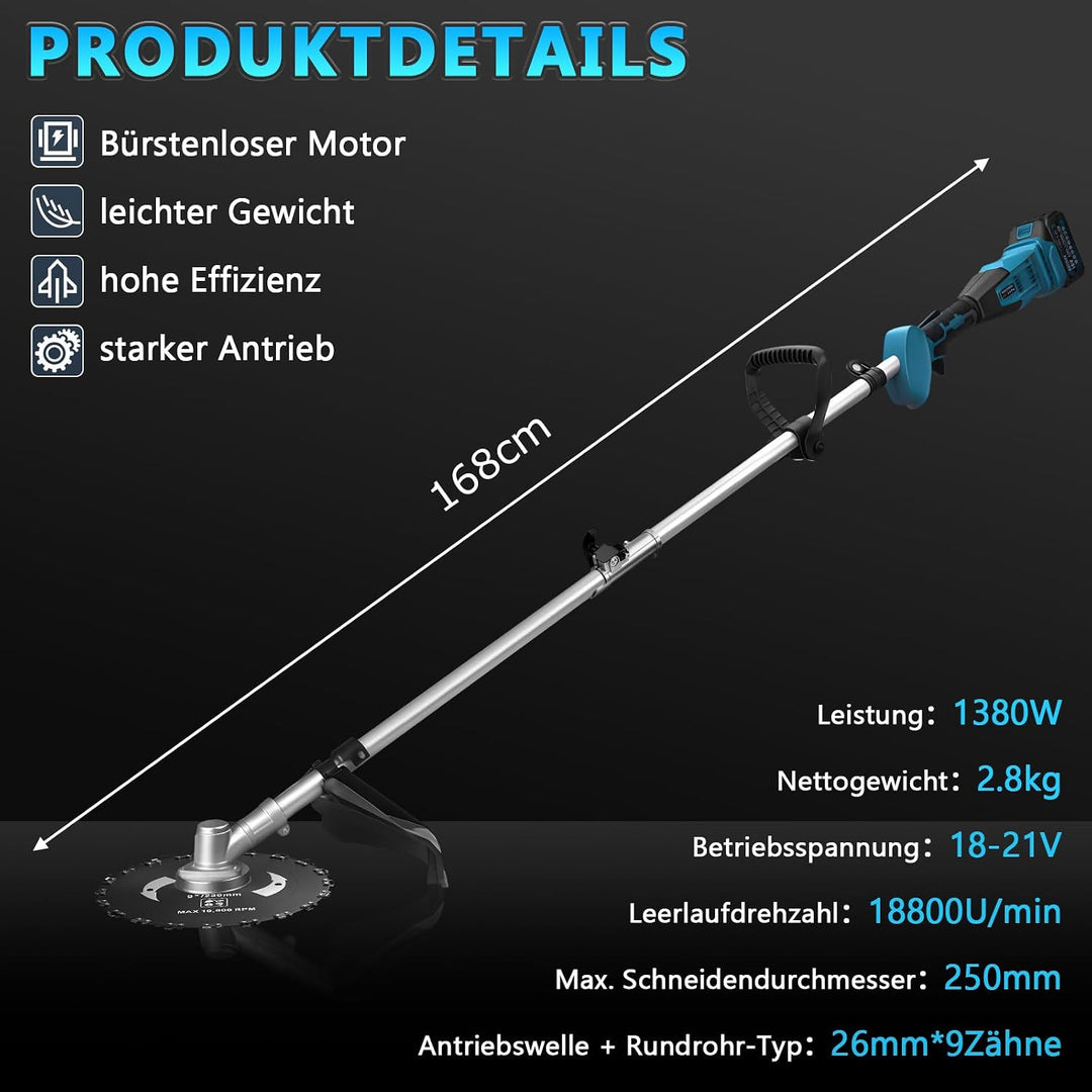 7-IN-1 1380W Akku Rasentrimmer mit 2 x 4Ah Akkus und Ladegerät | 18800 U/min Bürstenloser Akku Freis
