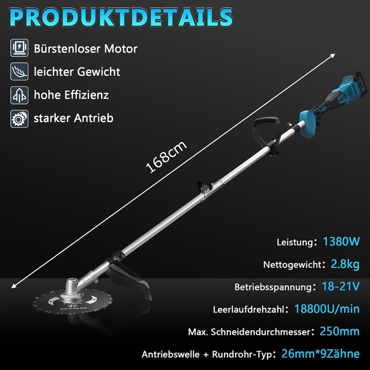 7-IN-1 1380W Akku Rasentrimmer mit 2 x 4Ah Akkus und Ladegerät | 18800 U/min Bürstenloser Akku Freis