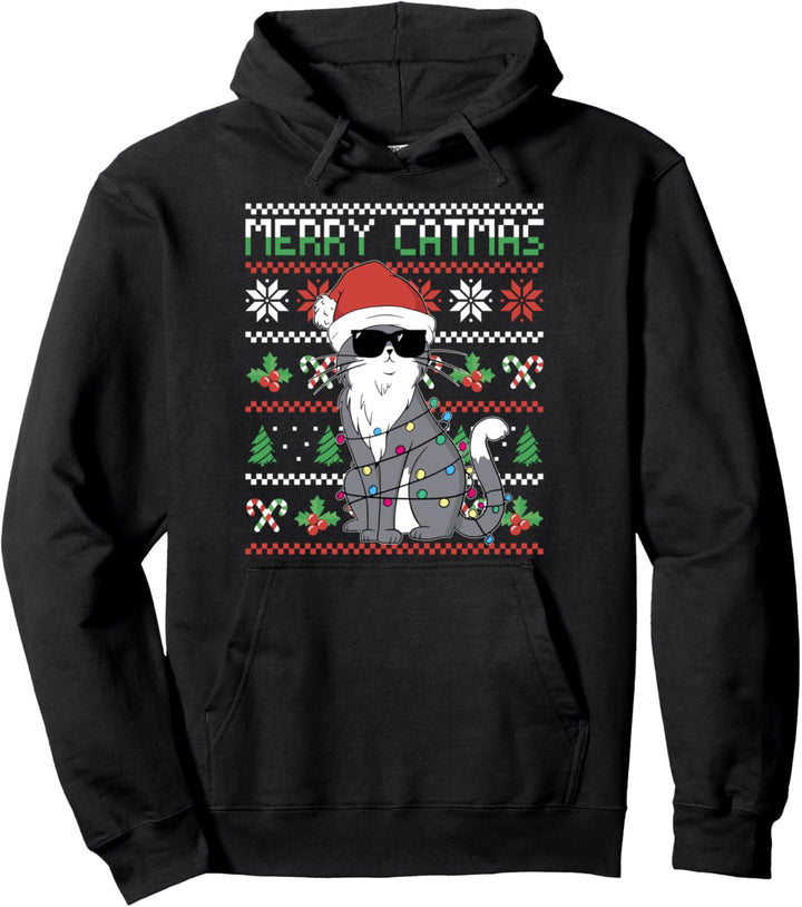 Merry Catmas Katze mit Nikolausmütze Ugly Christmas Pullover Hoodie