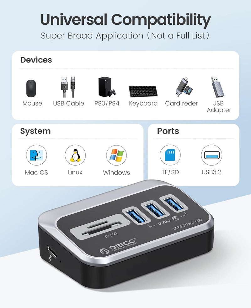 ORICO USB C Hub, Tpy C Splitter mit 3 USB 3.2 Gen 1 Data Port und SD/TF Kartenleser, 5 Gbps USB Vert