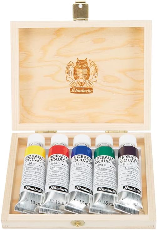Schmincke - HORADAM® Gouache, 5 x 15 ml-Tuben, 727131 097, 10 feinste Gouache-Farbtöne im Holzkasten