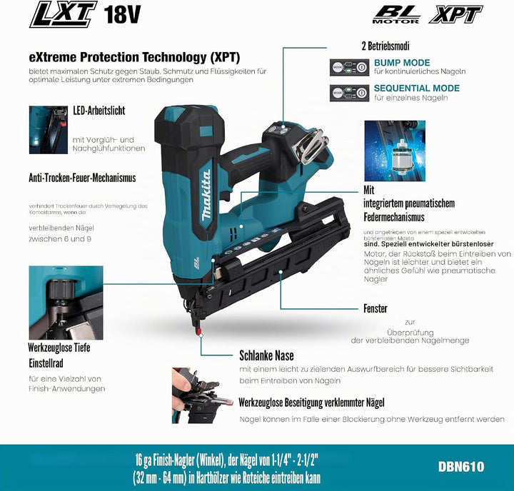 Makita DBN610Z 18 V LXT schnurloser 6,4 cm Finish-Nagler, 16-Gauge, 2 Brennmodi, abgewinkelte Nägel,