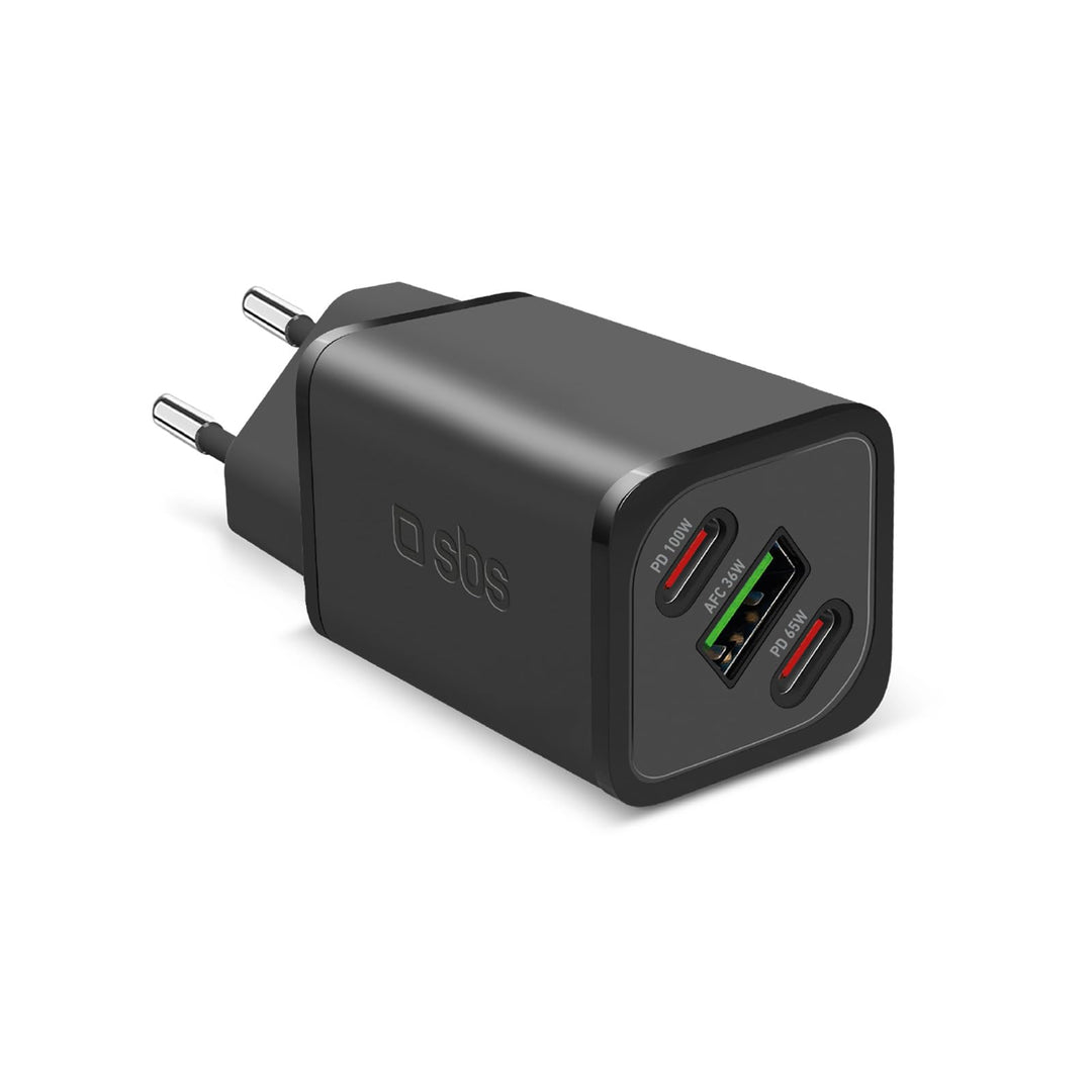SBS Mehrport-Ladegerät 100W, 2 USB-C-Anschlüsse, 1 USB-A-Anschluss, GaN, Power Delivery, kompakt, id