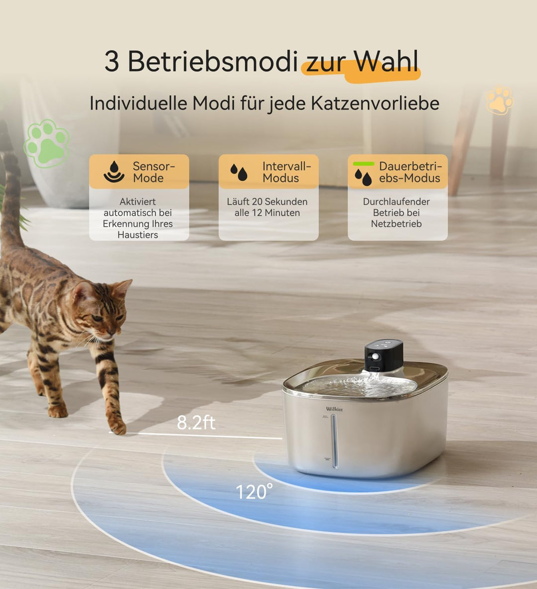 Katzenbrunnen Edelstahl Kabellos,4,1L 4000mAh, Schwarz, No Adapter | 4000mAh, 3 Modi (Sensor/Zeit/Da