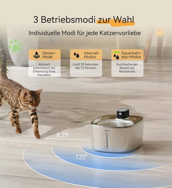 Katzenbrunnen Edelstahl Kabellos,4,1L 4000mAh, Schwarz, No Adapter | 4000mAh, 3 Modi (Sensor/Zeit/Da