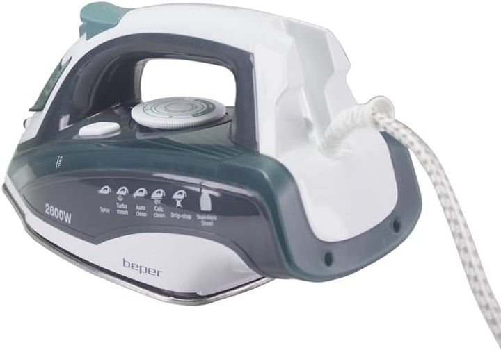 BEPER P204FER003 Bügeleisen, 400 ml, 2600 W, Stahlplatte, Trocken/Dampfbügeln, einstellbare Temperat
