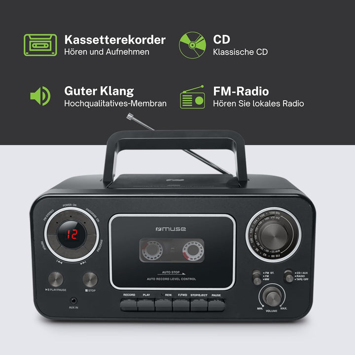 Muse Retro Kassettenrekorder mit Aufnahme-Funktion, Batteriebetrieb möglich Radio / Kassette CD, Rad