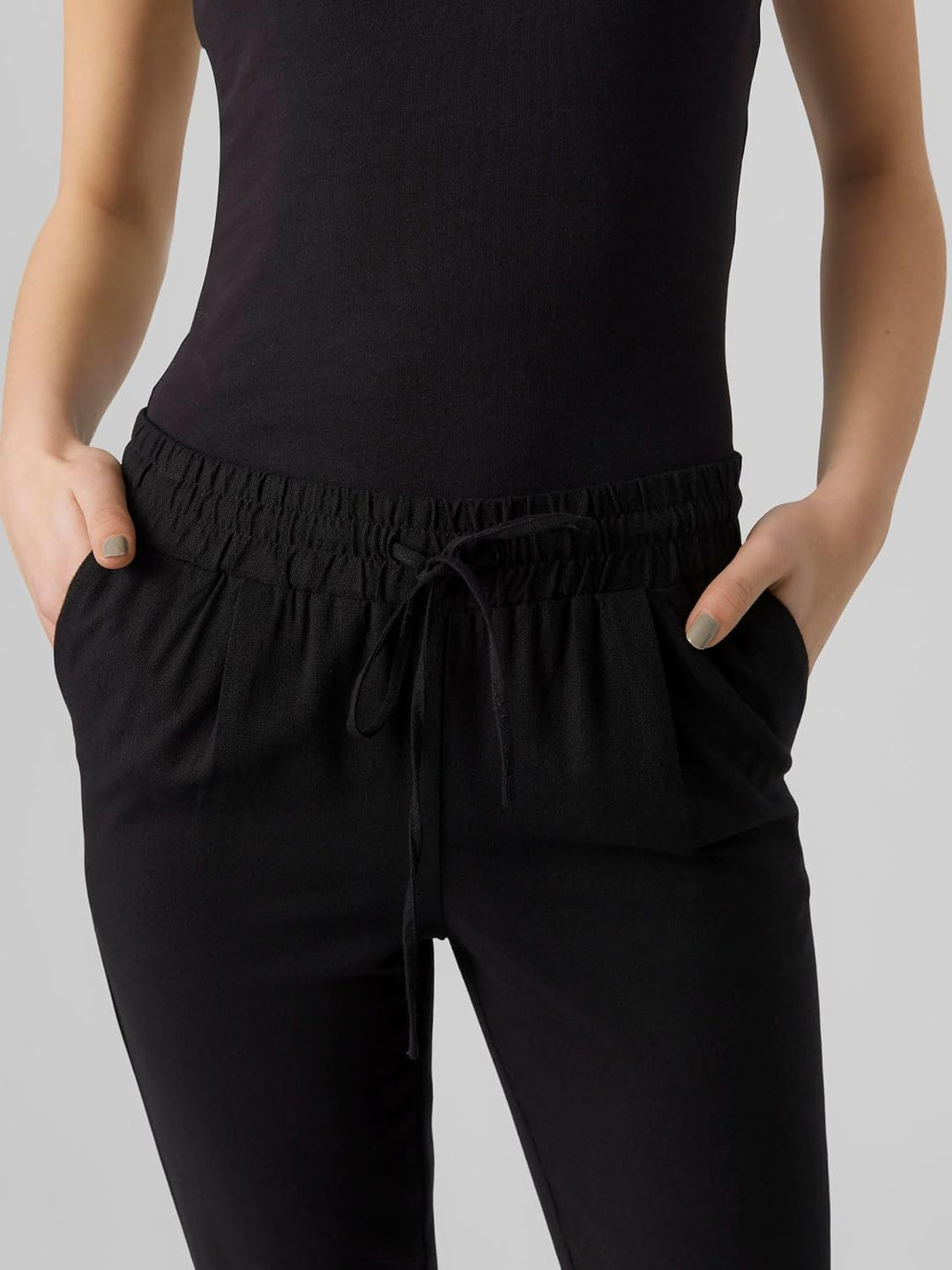 VERO MODA Damen Legere Leinen Stoffhose Casual Schlupfhose Lockere Ankle Pants XS Schwarz, XS Schwar