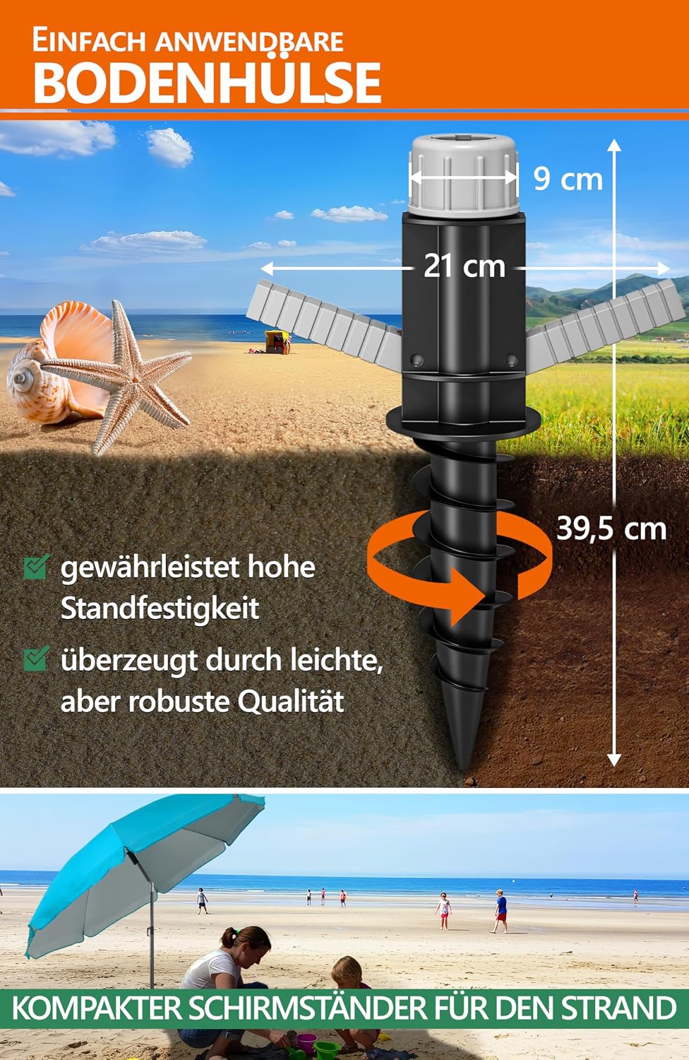 4smile Sonnenschirm Strand SunnyJoy 3-IN-1-SET, Fb. Türkis - Strandschirm Ø 200 cm + Bodenhülse + Sc