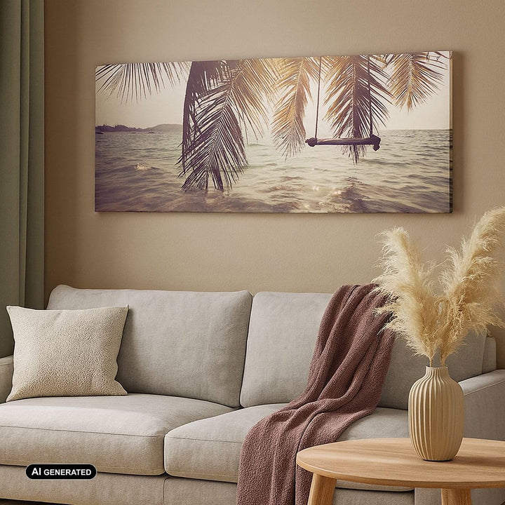 Wandbilder Dekoration Wohnzimmer Meer Palme Wasser Panorama Bilder auf Leinwand 120x50cm Leinwandbil