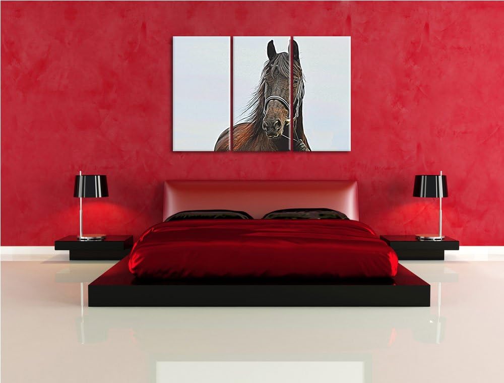 Wilder Hengst 3 Teilig, Gesamtgrösse 120x80 cm auf Leinwand, XXL riesige Bilder fertig gerahmt mit K