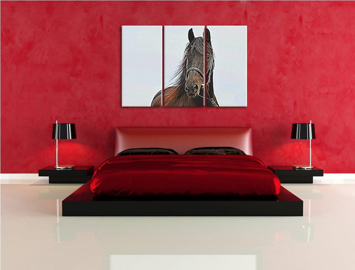 Wilder Hengst 3 Teilig, Gesamtgrösse 120x80 cm auf Leinwand, XXL riesige Bilder fertig gerahmt mit K