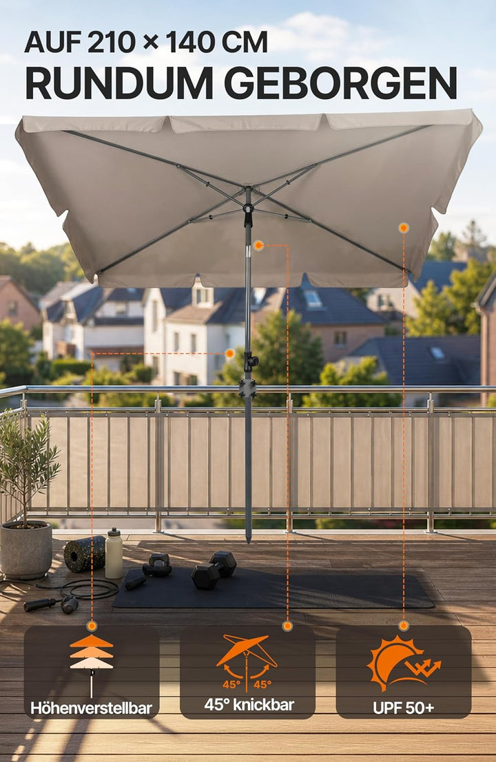 4smile SunnyShade Balkonschirm Rechteckig 210x140 cm, Sonnenschirm Balkon mit UV 50+, Sonnenschutz B