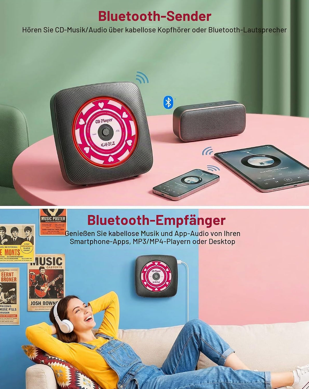 CD Player Tragbar Bluetooth Radio mit CD-Player mit Lautsprecher Unterstützung USB &amp; AUX-Wiedergabe
